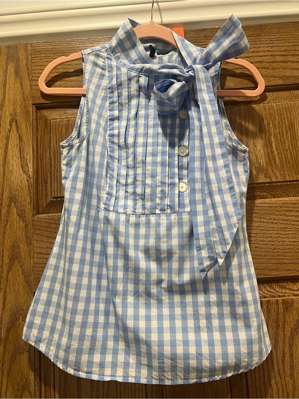 RARE Vintage Y2K United Colors of Benetton Light Blue White Gingham Bow Tie Top